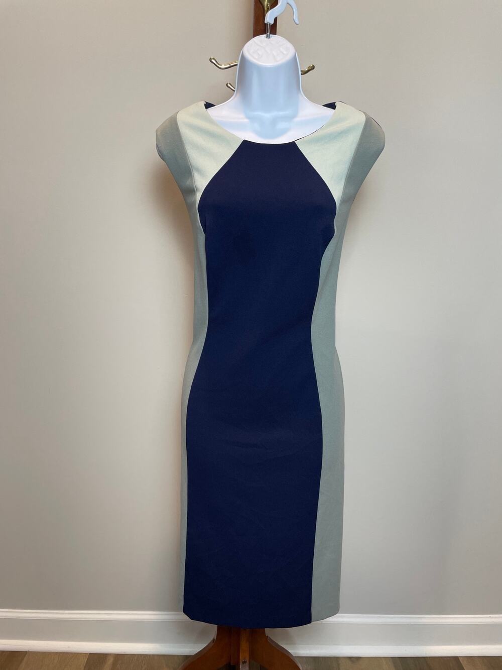 Connected Apparel Colorblock Sheath Dress 14 Navy Gray White Sleeveless